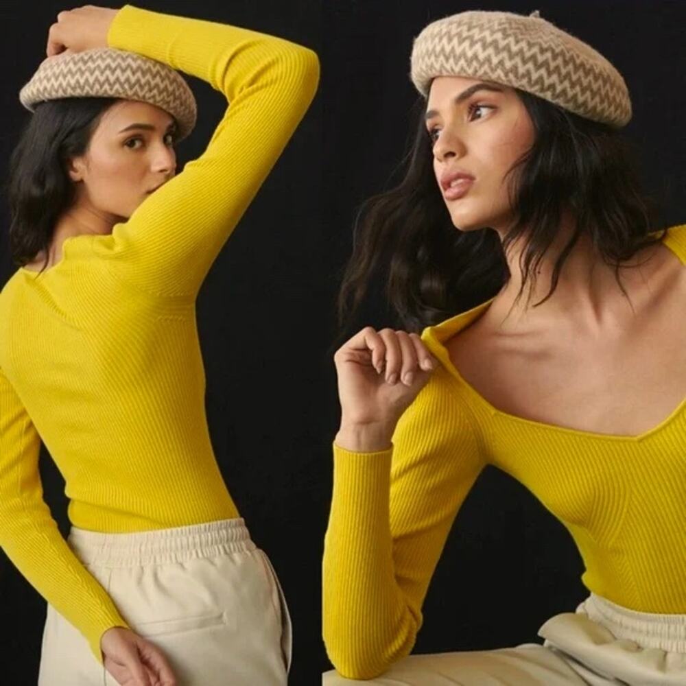 Anthropologie Sweetheart Neckline Sweater Large L Citron Yellow Ribbed Knit EUC - Picture 2 of 11